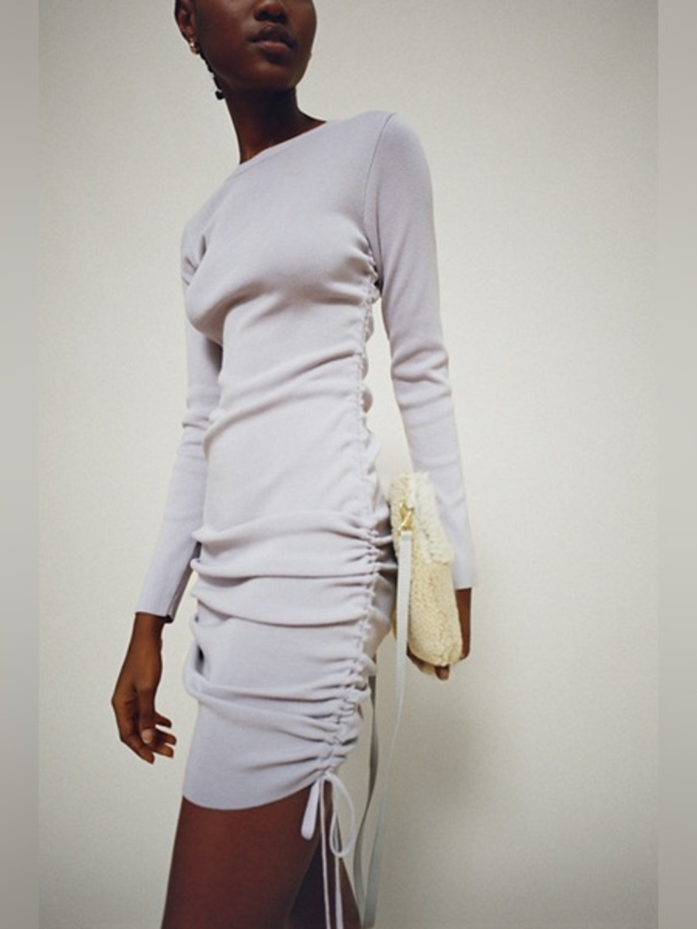 Lioness East Village Cinched Mini Dress Taupe Ruched Long Sleeve XS